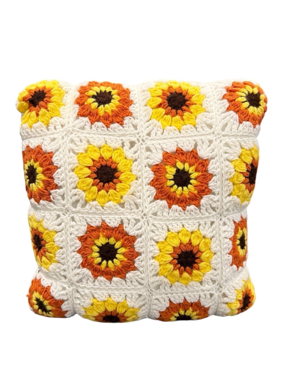 Granny Square pillow vintage handmade yellow orange brown 70s